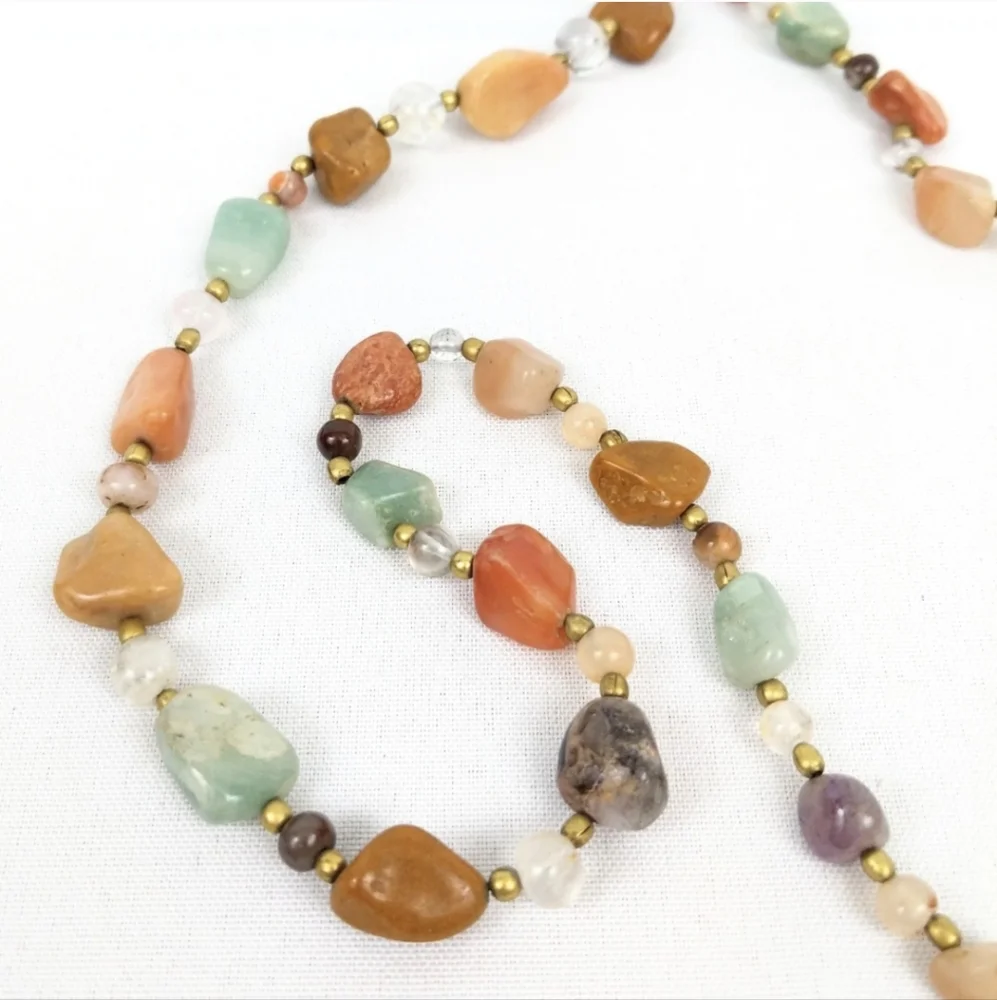 Polished Stone Necklace Agate Crystal Gold Bead Multicolor Natural Hippie Boho
